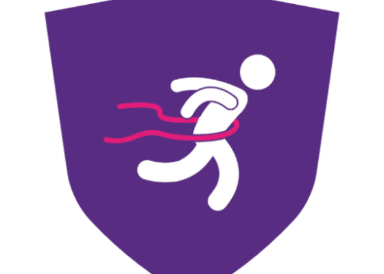 shield icon with runner through pink finish line