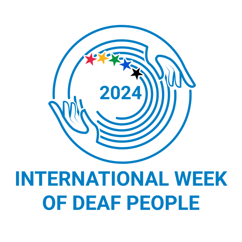 Blue logo with cicles, hands and stars for the 2024 International Week of Deaf People