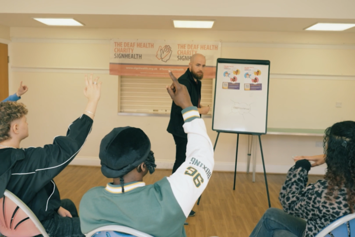 Young people sitting raising their hands with ideas