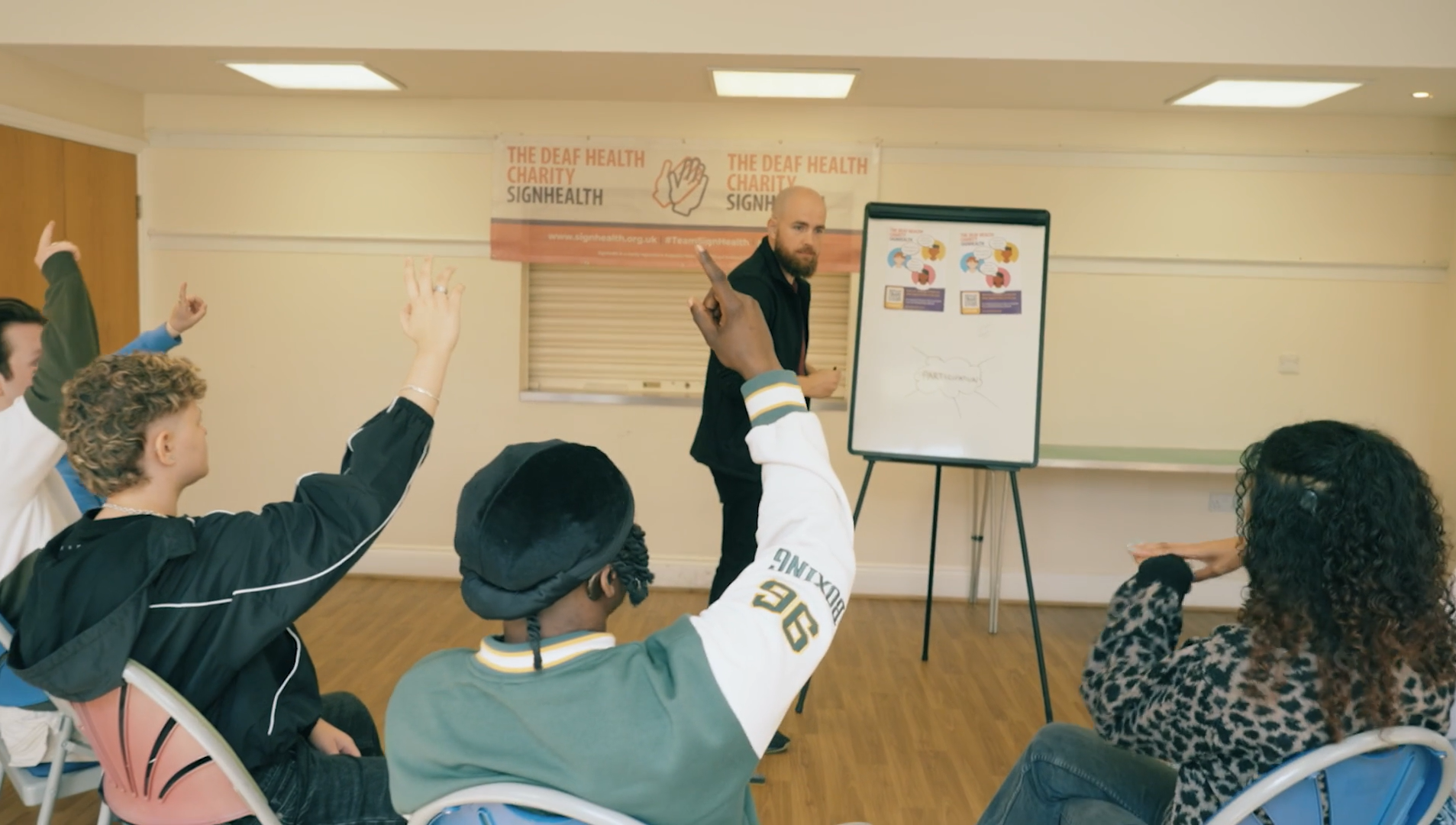 Young people sitting raising their hands with ideas