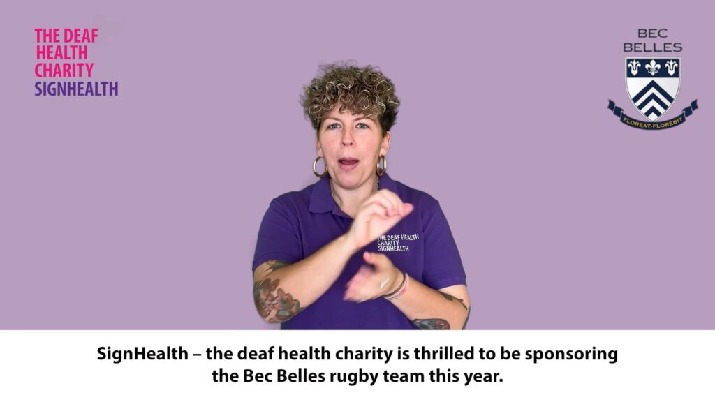 thumbnail photo of BSL translation covering PR bec belles and SignHealth purple uniform, pale lilac background, white and black caption box 