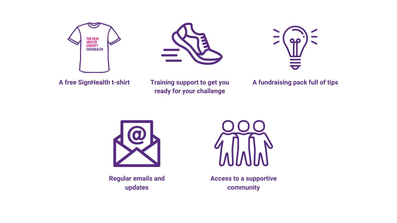 Graphic icons in purple of t shirt running shoe light bulb and a group of people to demonstrate the supporter list