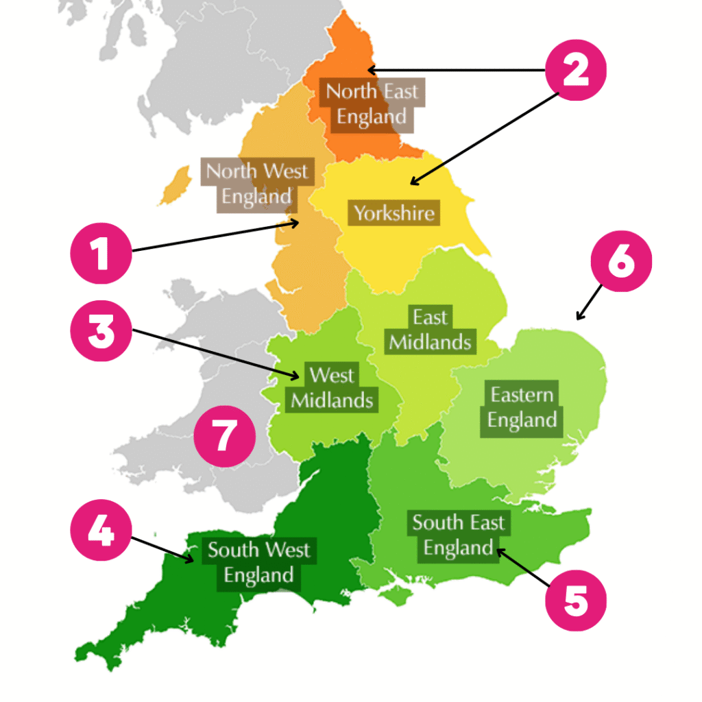 Map of regions in England and Wales where SignHealth provides Domestic Abuse and Sexual Violence support or advice.