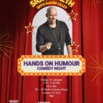 Flyer poster for Comedy night fundraising event, SignHealth and sponsor logos with QR code to buy tickets, image of a white male in a black outfit, surrounded by graphics and a red theatre curtain.