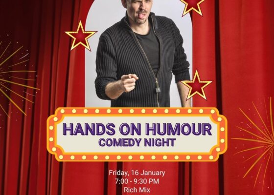 Flyer poster for Comedy night fundraising event, SignHealth and sponsor logos with QR code to buy tickets, image of a white male in a black outfit, surrounded by graphics and a red theatre curtain.