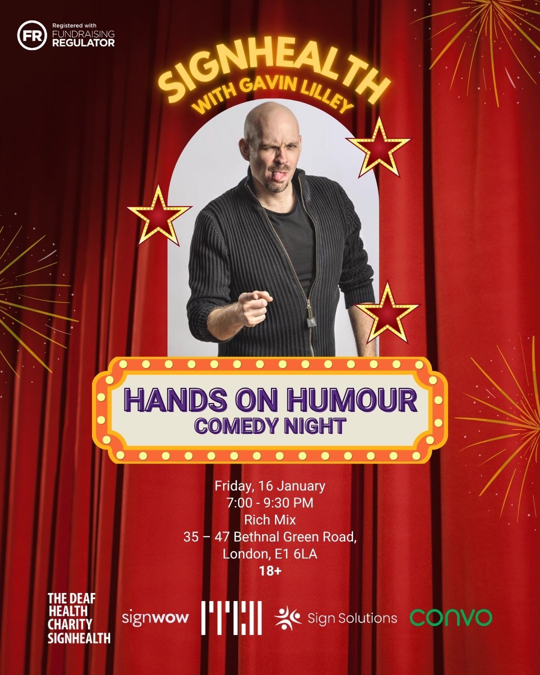 Flyer poster for Comedy night fundraising event, SignHealth and sponsor logos with QR code to buy tickets, image of a white male in a black outfit, surrounded by graphics and a red theatre curtain.