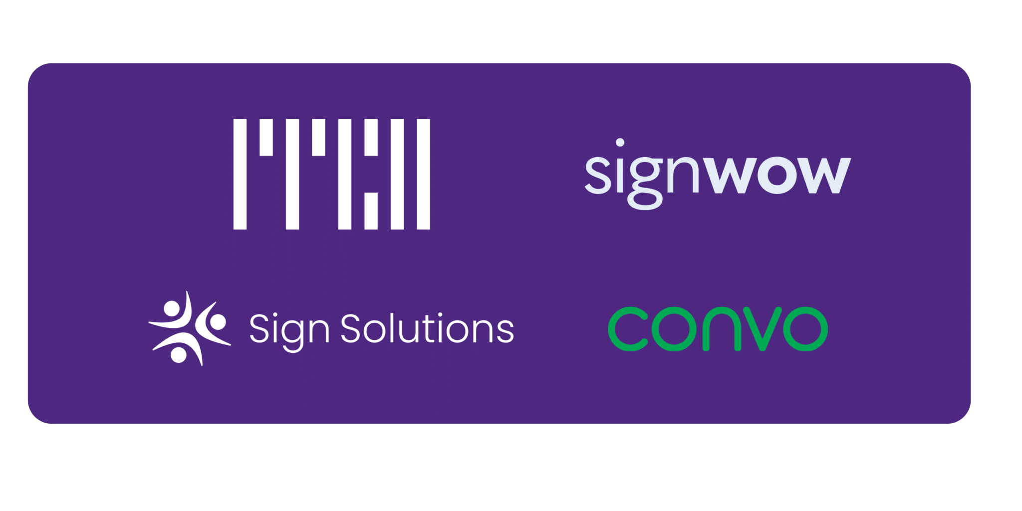 Purple graphic banner displaying 4 logos of sponsors, ITCH, SignWow, Sign Solutions, Convo 