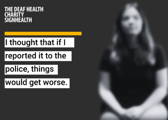 Black background with women image blurred and quote - I thought that if I reported it to the police, things would get worse.