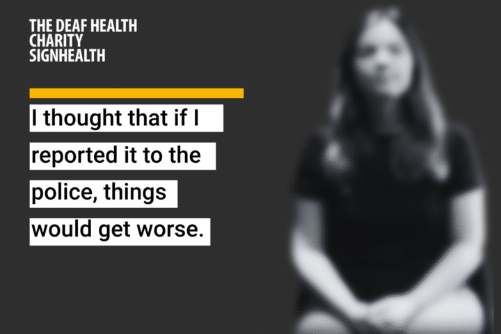 Black background with women image blurred and quote - I thought that if I reported it to the police, things would get worse.